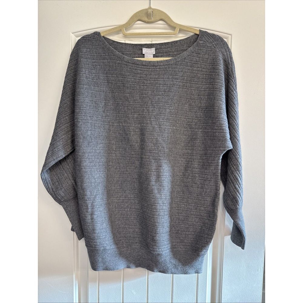 Chicos Size 0 Small Gray Modern Ribbed Sweater Top Dolman Sleeve